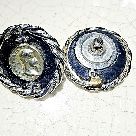 Classic Greek Roman coin silver and blue round button posts pierced earrings - Picture 6 of 7
